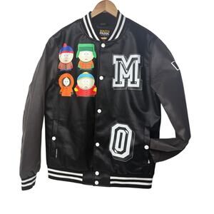 New South Park Members Only Varsity Jacket size S. Faux Leather Black Cartoon